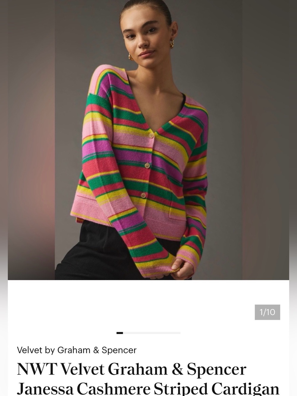 Velvet by Graham & Spencer Striped V-Neck Cardigan in Pink, Green & Yellow